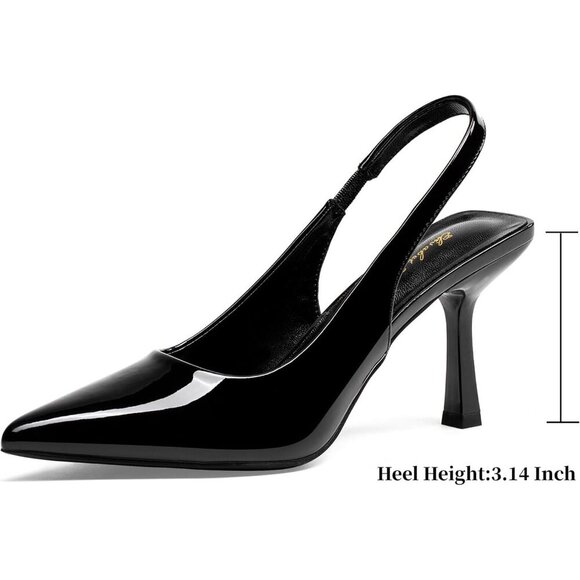 🆕3.14 Women Black Patent Polyurethane Trendy Slingback Stiletto Pumps Heels - Picture 2 of 9